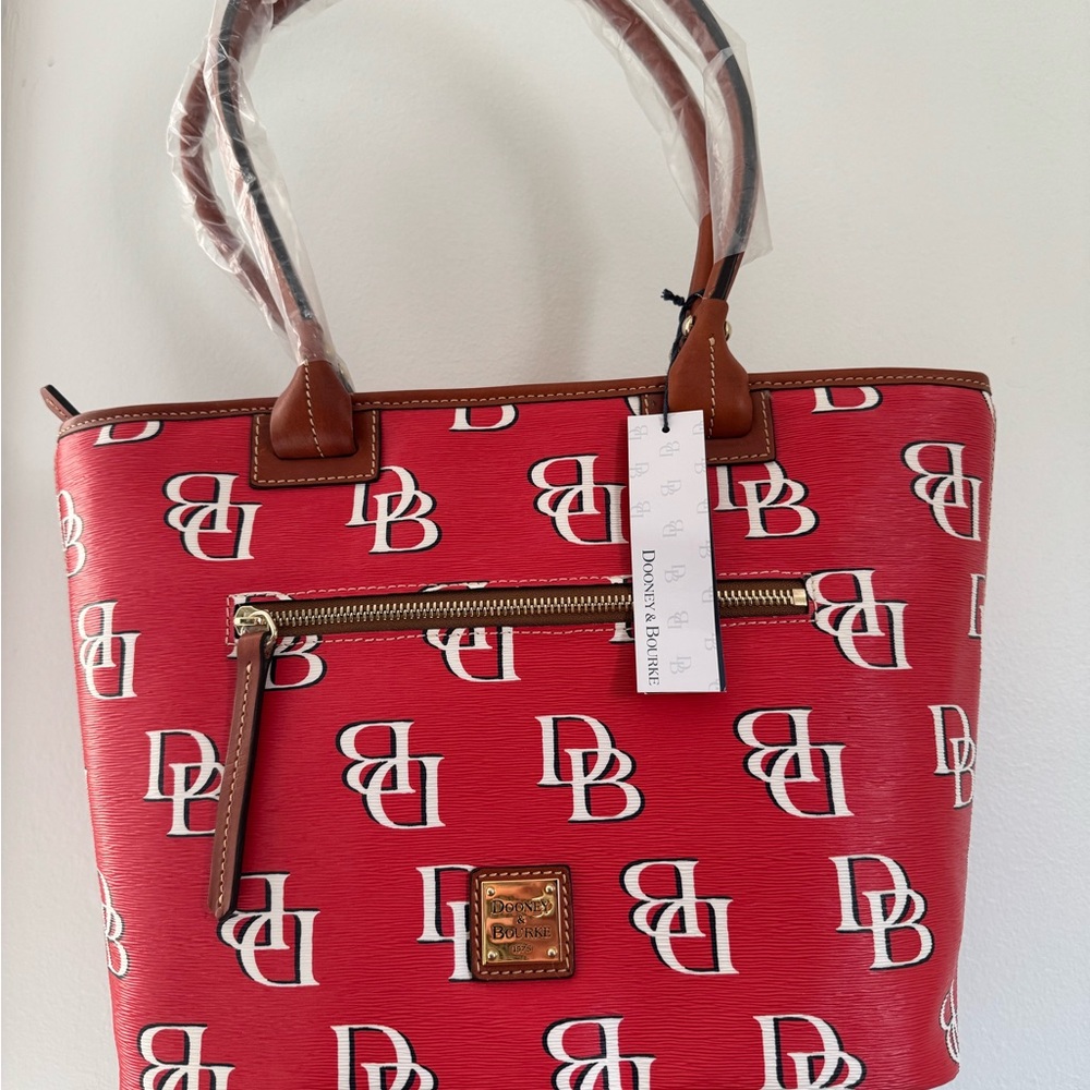 Dooney & Bourke Red Logo Print Tote with Leather Handles